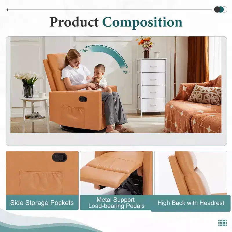 Fauteuil inclinable pivotant à 360° en similicuir marron avec repose-pieds extra large et dossier réglable