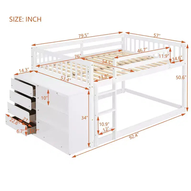 Lit superposé blanc de 234 cm avec matelas doubles aux deux niveaux, doté de 4 tiroirs et 3 étagères, cadre en pin massif avec MDF