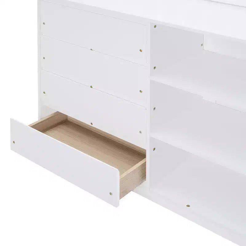 Lit superposé blanc de 234 cm avec matelas doubles aux deux niveaux, doté de 4 tiroirs et 3 étagères, cadre en pin massif avec MDF