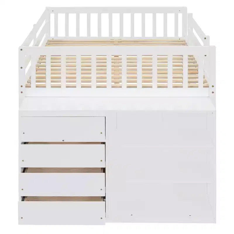 Lit superposé blanc de 234 cm avec matelas doubles aux deux niveaux, doté de 4 tiroirs et 3 étagères, cadre en pin massif avec MDF