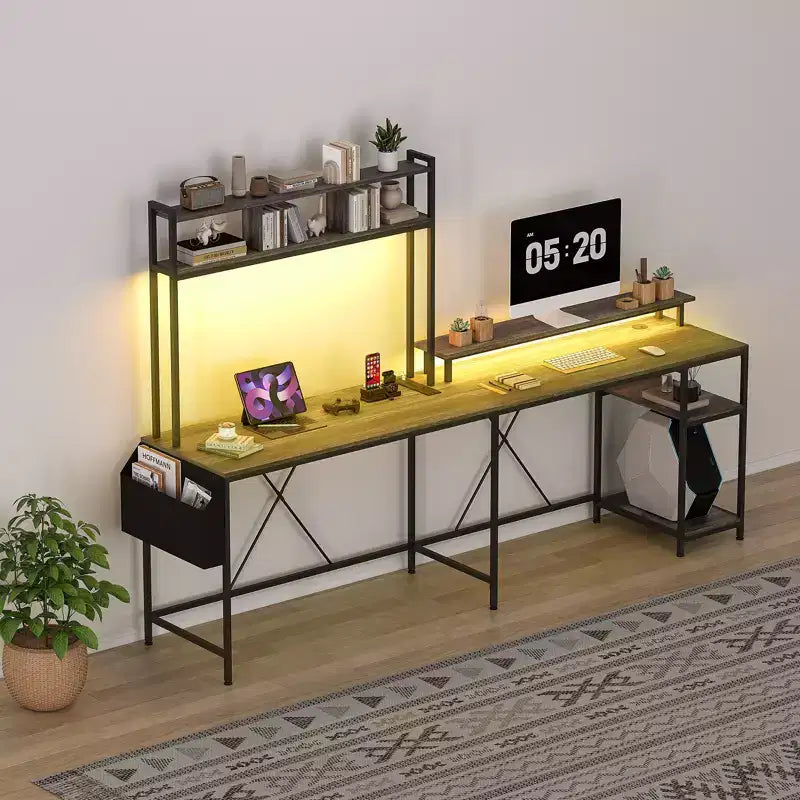 L-Shaped Gaming Desk with LED Lights, Power Outlets, Reversible L-Shaped Computer Desk with Monitor Stand &amp; Storage Shelves, Corner Desk