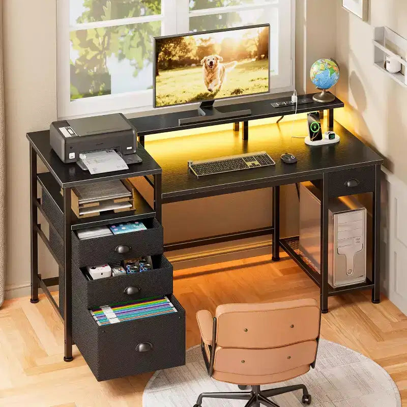 Bureau de jeu 52 pouces avec station de charge et lumières, bureau réversible, 4 tiroirs, meuble de classement, étagères de rangement pour imprimante, support d'écran, finition noire