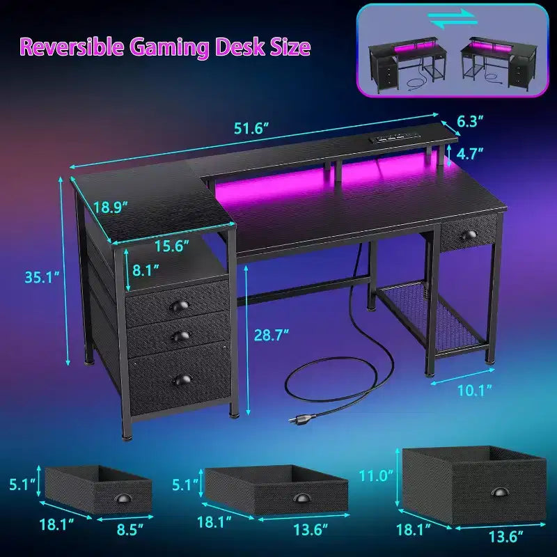 Bureau de jeu 52 pouces avec station de charge et lumières, bureau réversible, 4 tiroirs, meuble de classement, étagères de rangement pour imprimante, support d'écran, finition noire