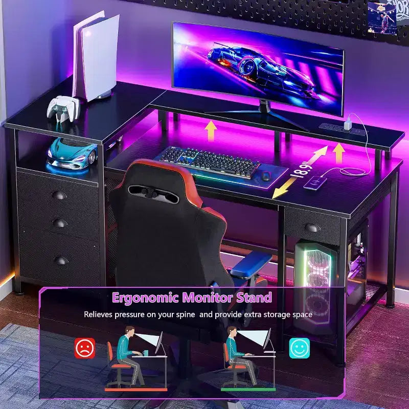Bureau de jeu 52 pouces avec station de charge et lumières, bureau réversible, 4 tiroirs, meuble de classement, étagères de rangement pour imprimante, support d'écran, finition noire