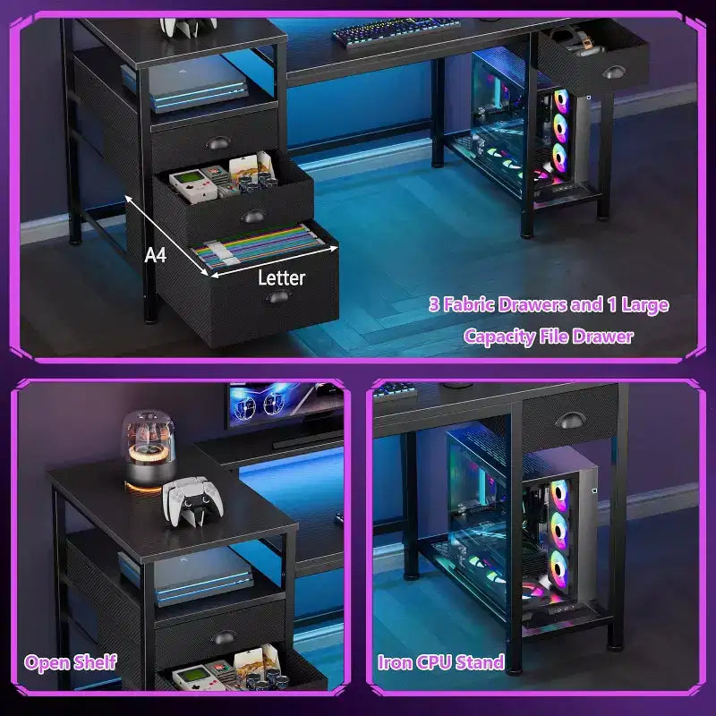 Bureau de jeu 52 pouces avec station de charge et lumières, bureau réversible, 4 tiroirs, meuble de classement, étagères de rangement pour imprimante, support d'écran, finition noire