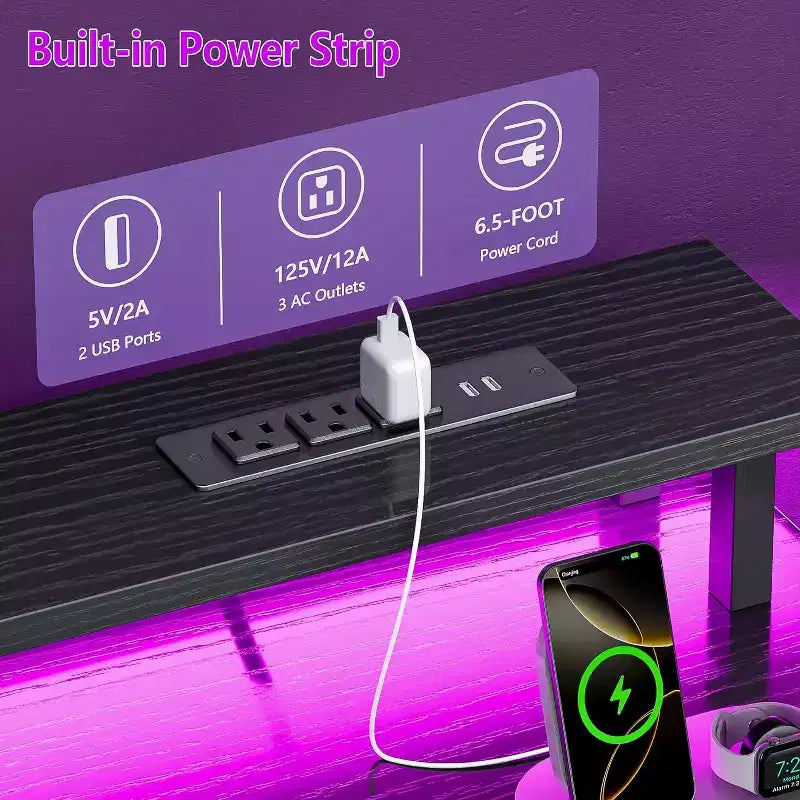 Bureau de jeu 52 pouces avec station de charge et lumières, bureau réversible, 4 tiroirs, meuble de classement, étagères de rangement pour imprimante, support d'écran, finition noire