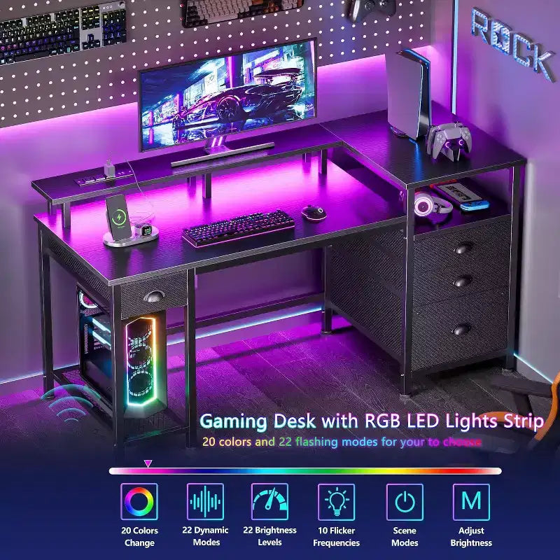 Bureau de jeu 52 pouces avec station de charge et lumières, bureau réversible, 4 tiroirs, meuble de classement, étagères de rangement pour imprimante, support d'écran, finition noire