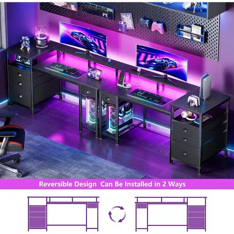 Bureau de jeu 52 pouces avec station de charge et lumières, bureau réversible, 4 tiroirs, meuble de classement, étagères de rangement pour imprimante, support d'écran, finition noire