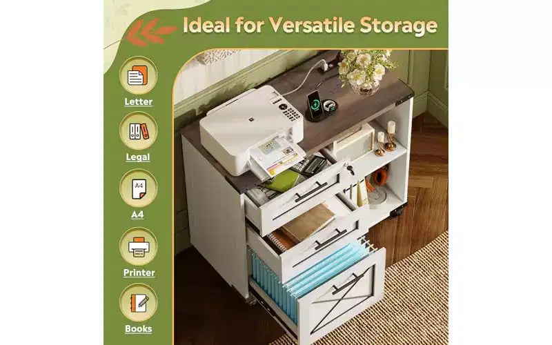 Meuble de rangement en bois avec station de recharge, classeur latéral mobile avec serrure pour bureau à domicile
