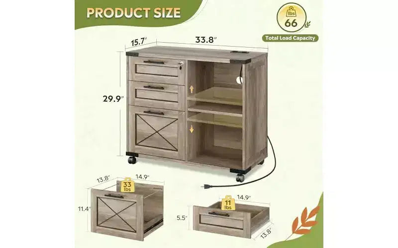 Meuble de rangement en bois avec station de recharge, classeur latéral mobile avec serrure pour bureau à domicile