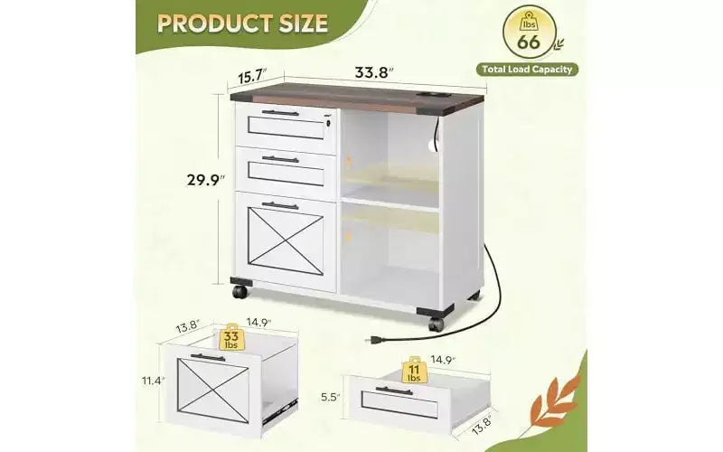 Meuble de rangement en bois avec station de recharge, classeur latéral mobile avec serrure pour bureau à domicile