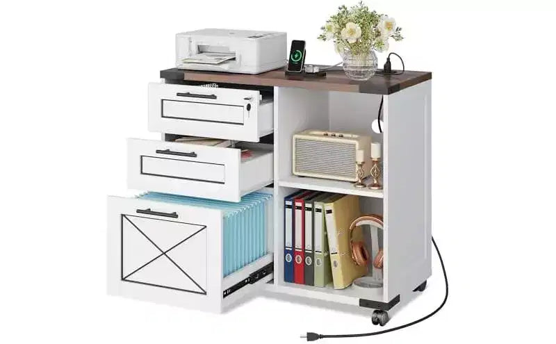 Meuble de rangement en bois avec station de recharge, classeur latéral mobile avec serrure pour bureau à domicile
