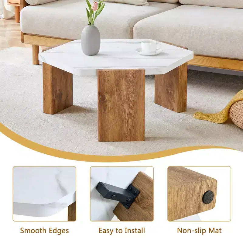 Table basse hexagonale en marbre blanc 31", base de support triangulaire, capacité de charge de 113 kg