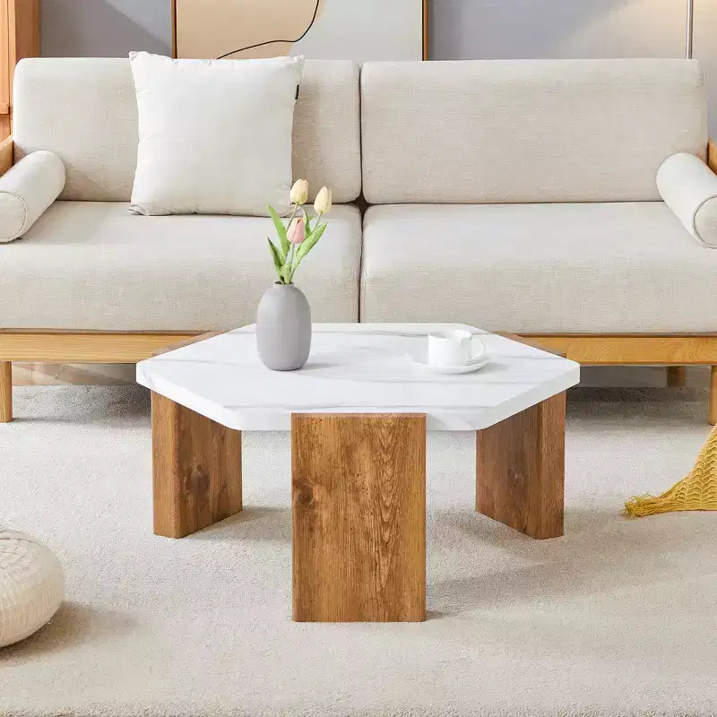 Table basse hexagonale en marbre blanc 31", base de support triangulaire, capacité de charge de 113 kg