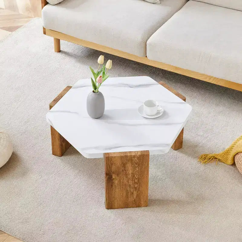 Table basse hexagonale en marbre blanc 31", base de support triangulaire, capacité de charge de 113 kg