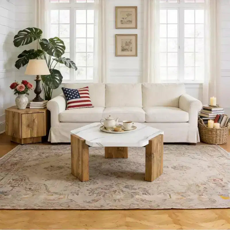 Table basse hexagonale en marbre blanc 31", base de support triangulaire, capacité de charge de 113 kg