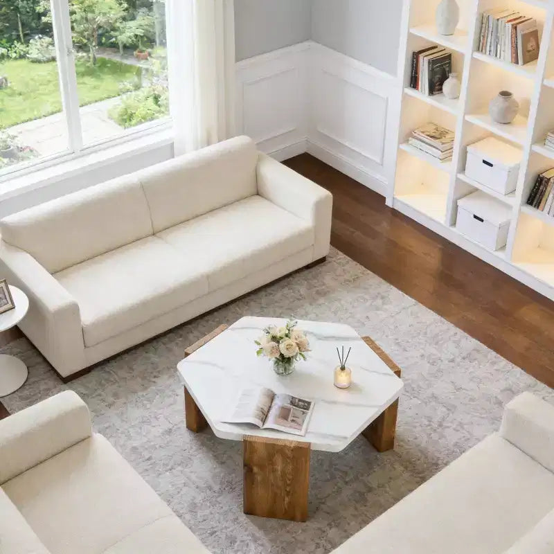 Table basse hexagonale en marbre blanc 31", base de support triangulaire, capacité de charge de 113 kg