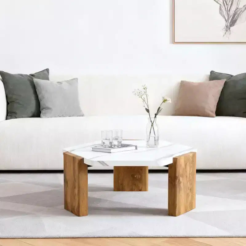 Table basse hexagonale en marbre blanc 31", base de support triangulaire, capacité de charge de 113 kg