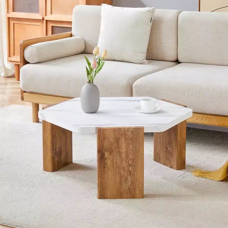 Table basse hexagonale en marbre blanc 31", base de support triangulaire, capacité de charge de 113 kg