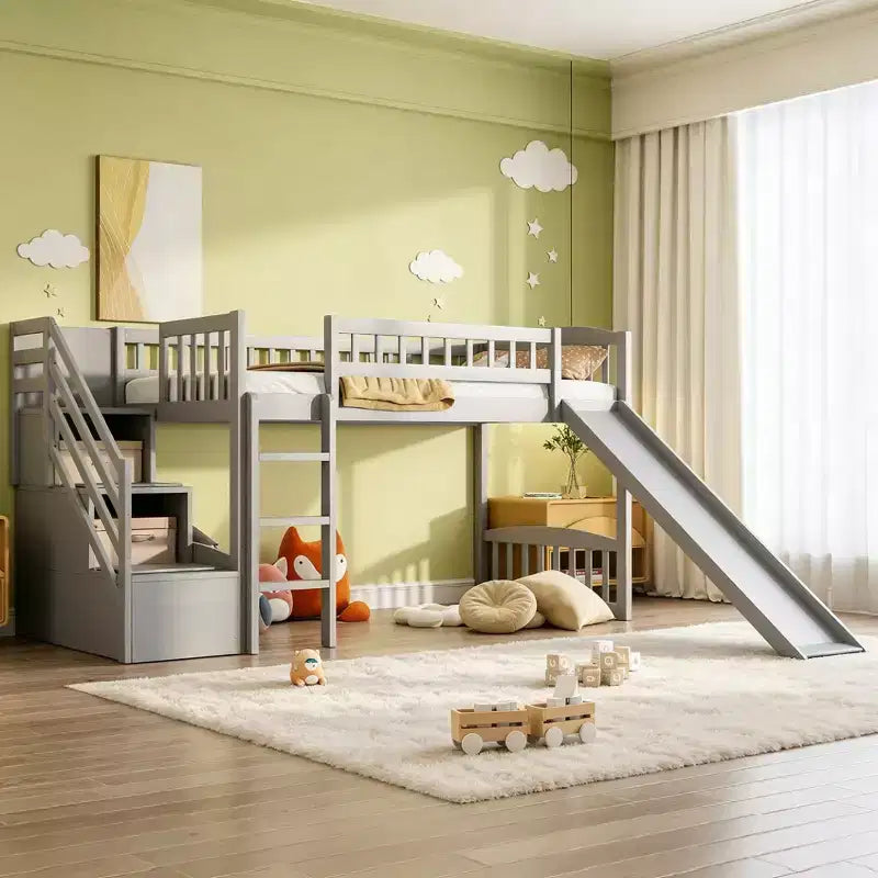 Lit mezzanine double avec toboggan et escalier de rangement pour chambre d'enfant
