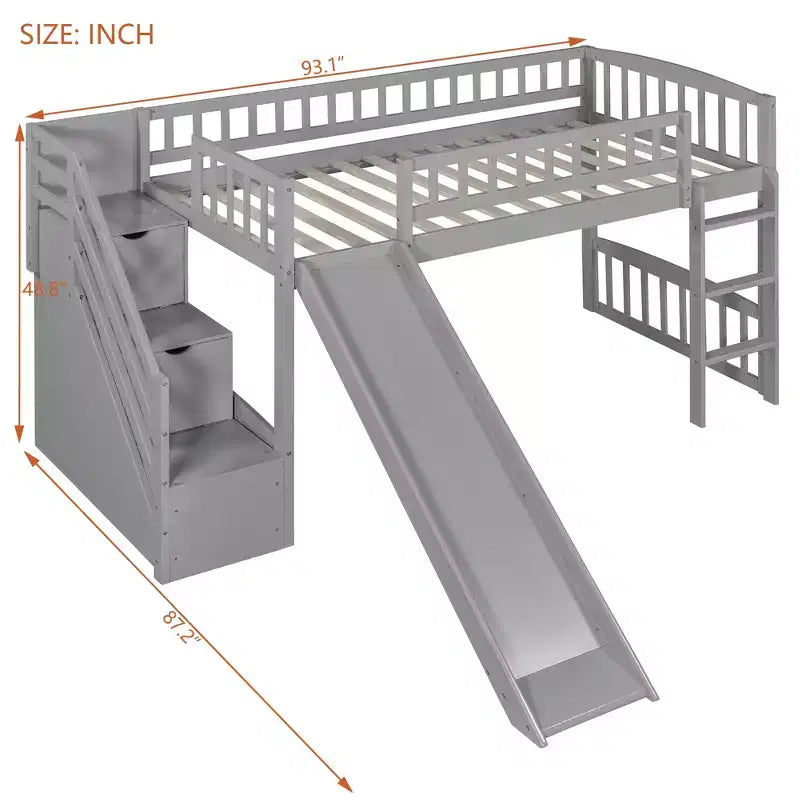 Lit mezzanine double avec toboggan et escalier de rangement pour chambre d'enfant