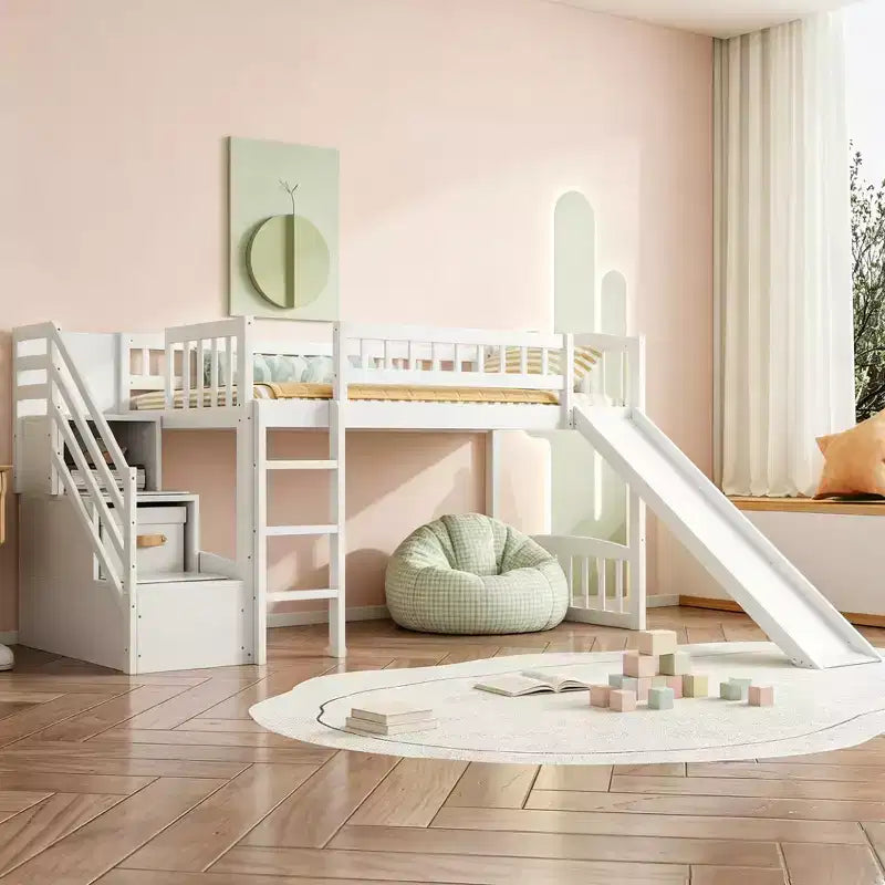 Lit mezzanine double avec toboggan et escalier de rangement pour chambre d'enfant