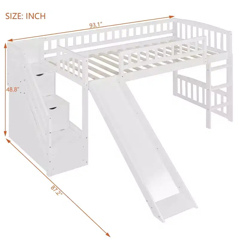 Lit mezzanine double avec toboggan et escalier de rangement pour chambre d'enfant