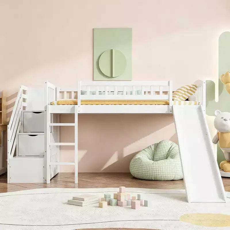 Lit mezzanine double avec toboggan et escalier de rangement pour chambre d'enfant