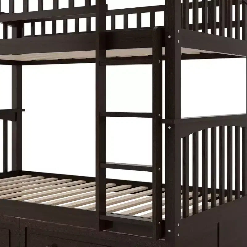 Lit en bois une place avec tiroirs, barrière de sécurité en forme de clôture, échelle, montage facile