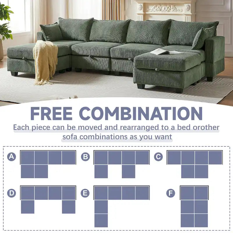 Green 6-Piece Convertible Corduroy Modular Sectional Sofa with Storage Seats, 2 Removable Ottomans, Free Combination