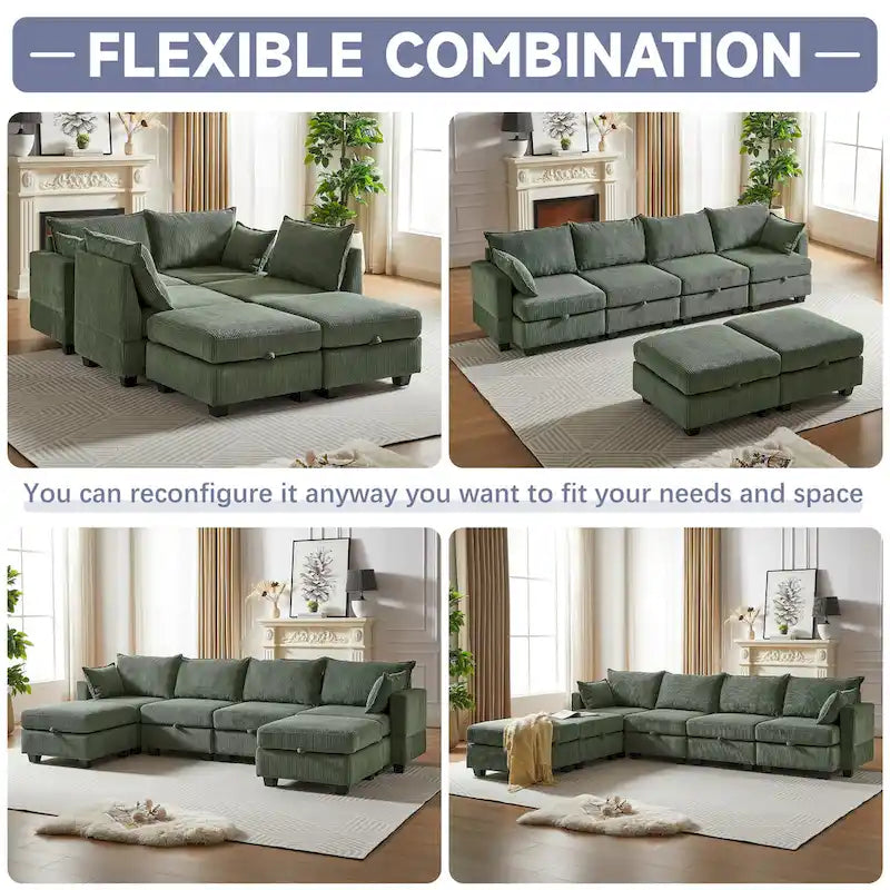 Green 6-Piece Convertible Corduroy Modular Sectional Sofa with Storage Seats, 2 Removable Ottomans, Free Combination