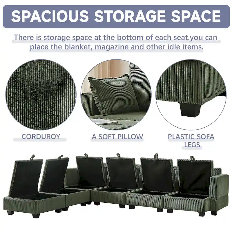 Green 6-Piece Convertible Corduroy Modular Sectional Sofa with Storage Seats, 2 Removable Ottomans, Free Combination