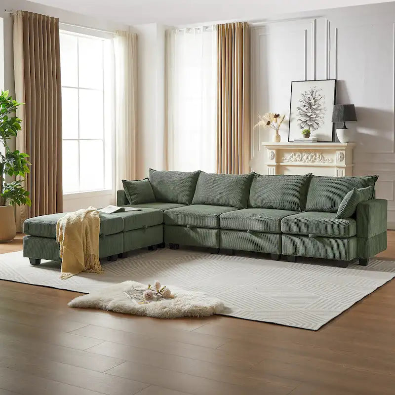 Green 6-Piece Convertible Corduroy Modular Sectional Sofa with Storage Seats, 2 Removable Ottomans, Free Combination