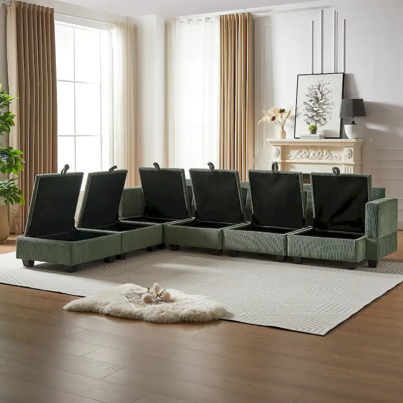 Green 6-Piece Convertible Corduroy Modular Sectional Sofa with Storage Seats, 2 Removable Ottomans, Free Combination