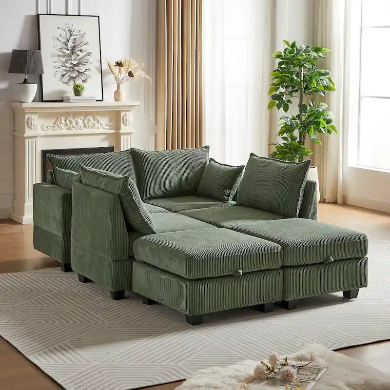 Green 6-Piece Convertible Corduroy Modular Sectional Sofa with Storage Seats, 2 Removable Ottomans, Free Combination