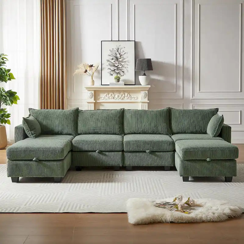 Green 6-Piece Convertible Corduroy Modular Sectional Sofa with Storage Seats, 2 Removable Ottomans, Free Combination