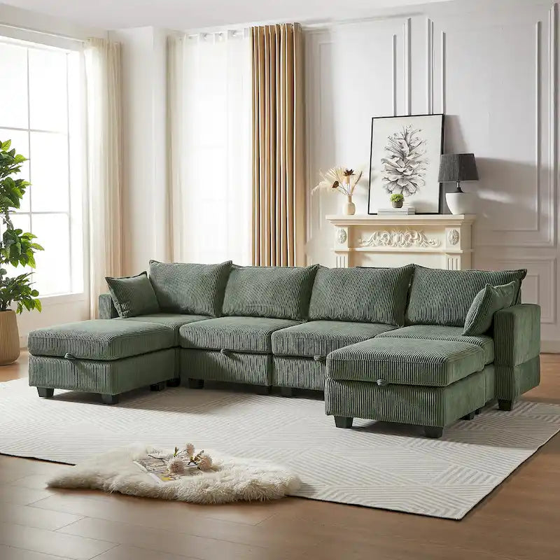 Green 6-Piece Convertible Corduroy Modular Sectional Sofa with Storage Seats, 2 Removable Ottomans, Free Combination