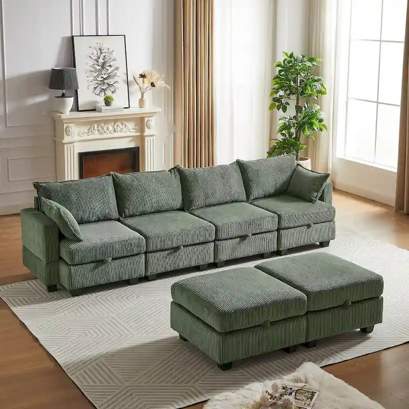 Green 6-Piece Convertible Corduroy Modular Sectional Sofa with Storage Seats, 2 Removable Ottomans, Free Combination