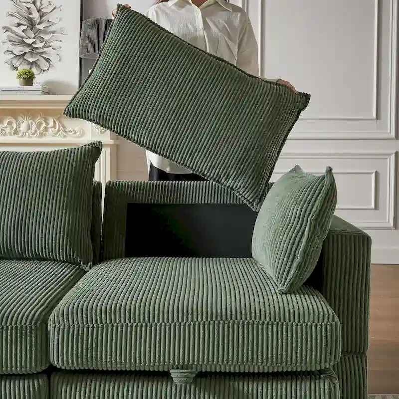 Green 6-Piece Convertible Corduroy Modular Sectional Sofa with Storage Seats, 2 Removable Ottomans, Free Combination