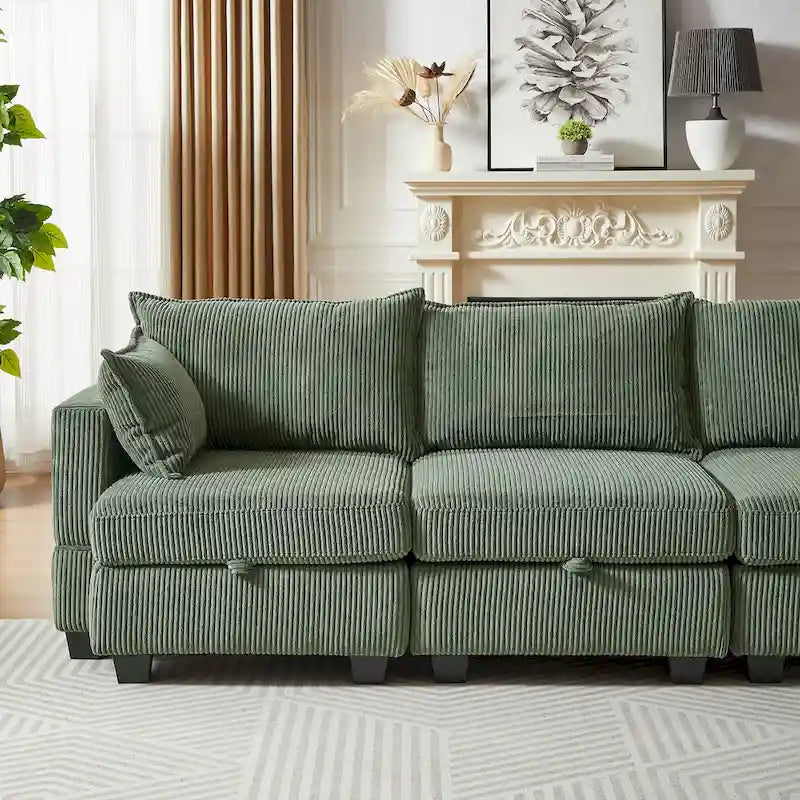 Green 6-Piece Convertible Corduroy Modular Sectional Sofa with Storage Seats, 2 Removable Ottomans, Free Combination