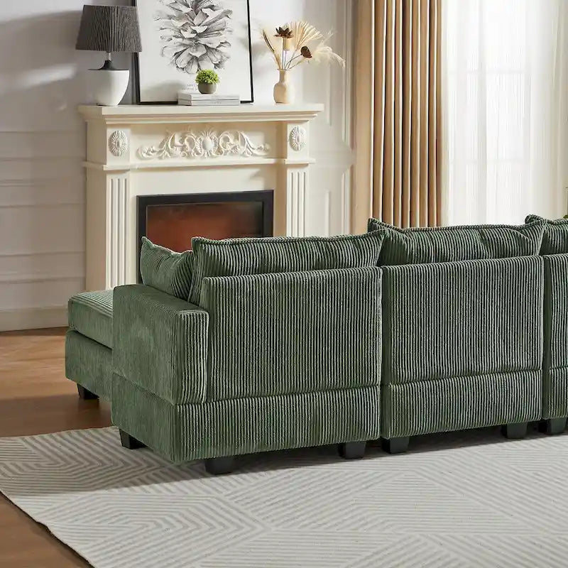 Green 6-Piece Convertible Corduroy Modular Sectional Sofa with Storage Seats, 2 Removable Ottomans, Free Combination