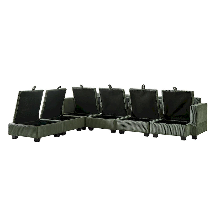Green 6-Piece Convertible Corduroy Modular Sectional Sofa with Storage Seats, 2 Removable Ottomans, Free Combination