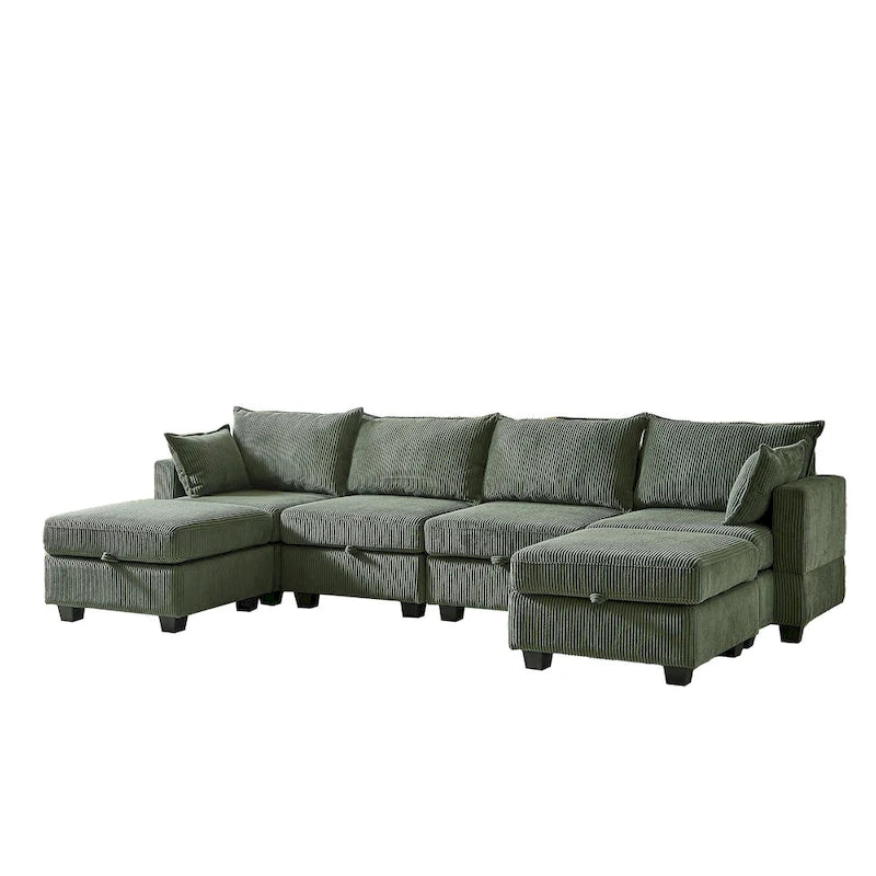 Green 6-Piece Convertible Corduroy Modular Sectional Sofa with Storage Seats, 2 Removable Ottomans, Free Combination