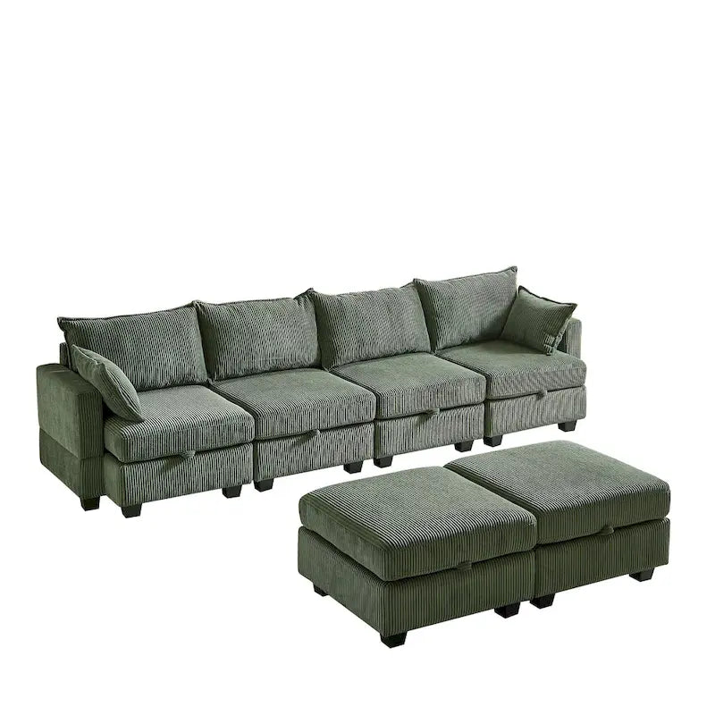 Green 6-Piece Convertible Corduroy Modular Sectional Sofa with Storage Seats, 2 Removable Ottomans, Free Combination