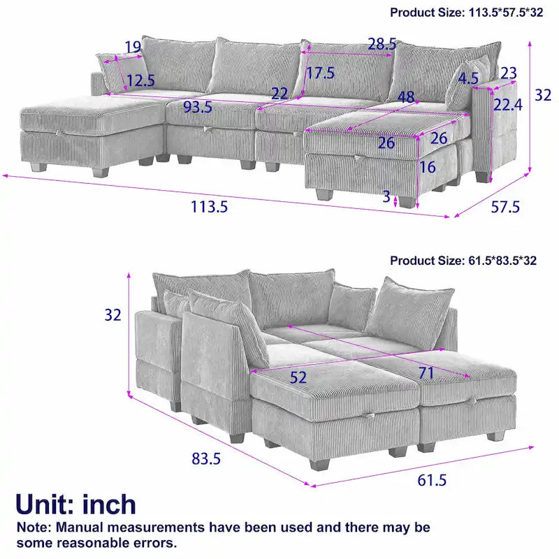 Green 6-Piece Convertible Corduroy Modular Sectional Sofa with Storage Seats, 2 Removable Ottomans, Free Combination