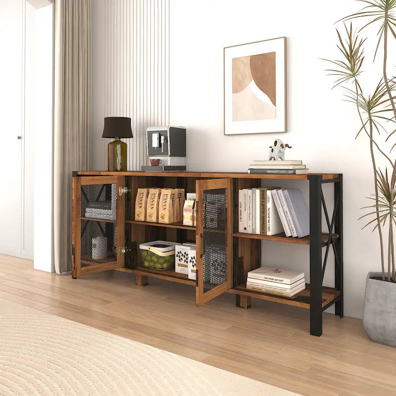 Farmhouse TV Stand 80 Inch Television Stand , Modern Horizontal Wood and Metal Open Bookshelf