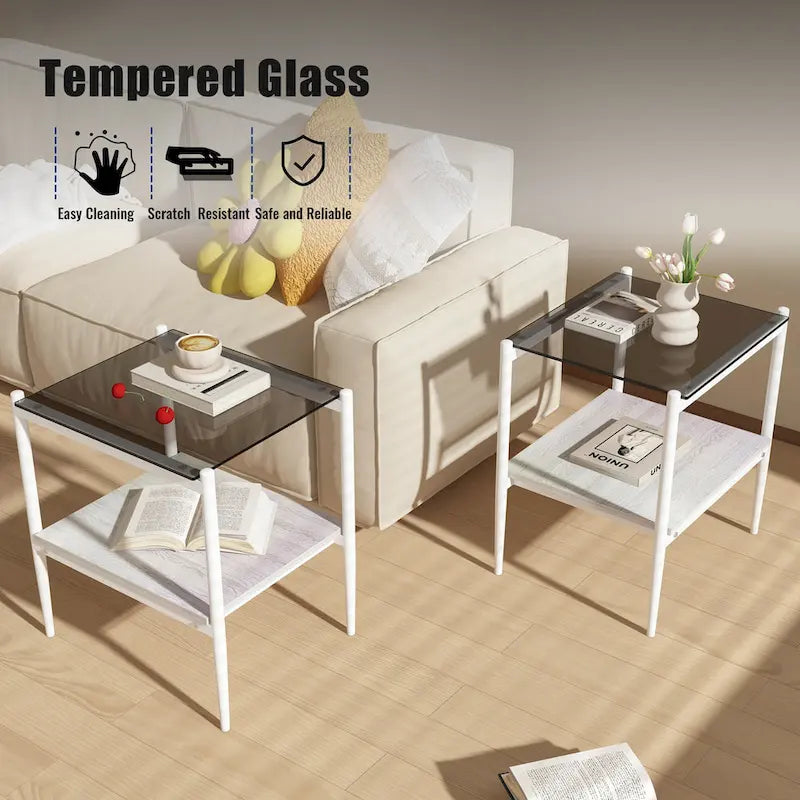 Coffee Table and End tables Set of 3, Tempered Glass Table with MDF layer, Modern Tables for Living Room , Gray Glass