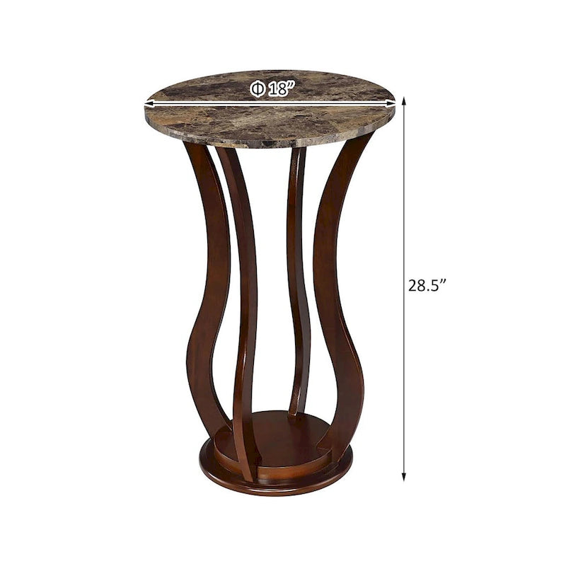 Brown Round Accent Table with Faux Marble Top