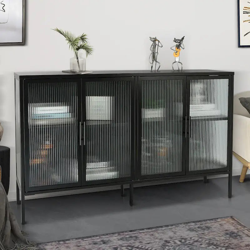 4-Door Tempered Glass Cabinet with 4 Glass Doors Adjustable Shelf and Feet Anti-Tip Dust-free Fluted Glass Kitchen Credenza