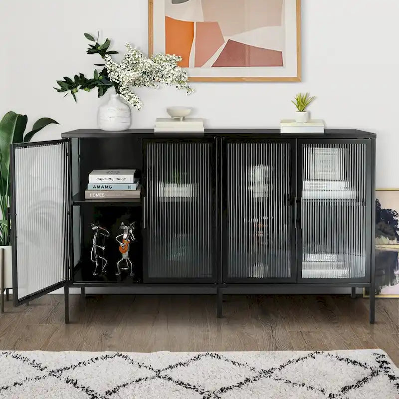 4-Door Tempered Glass Cabinet with 4 Glass Doors Adjustable Shelf and Feet Anti-Tip Dust-free Fluted Glass Kitchen Credenza
